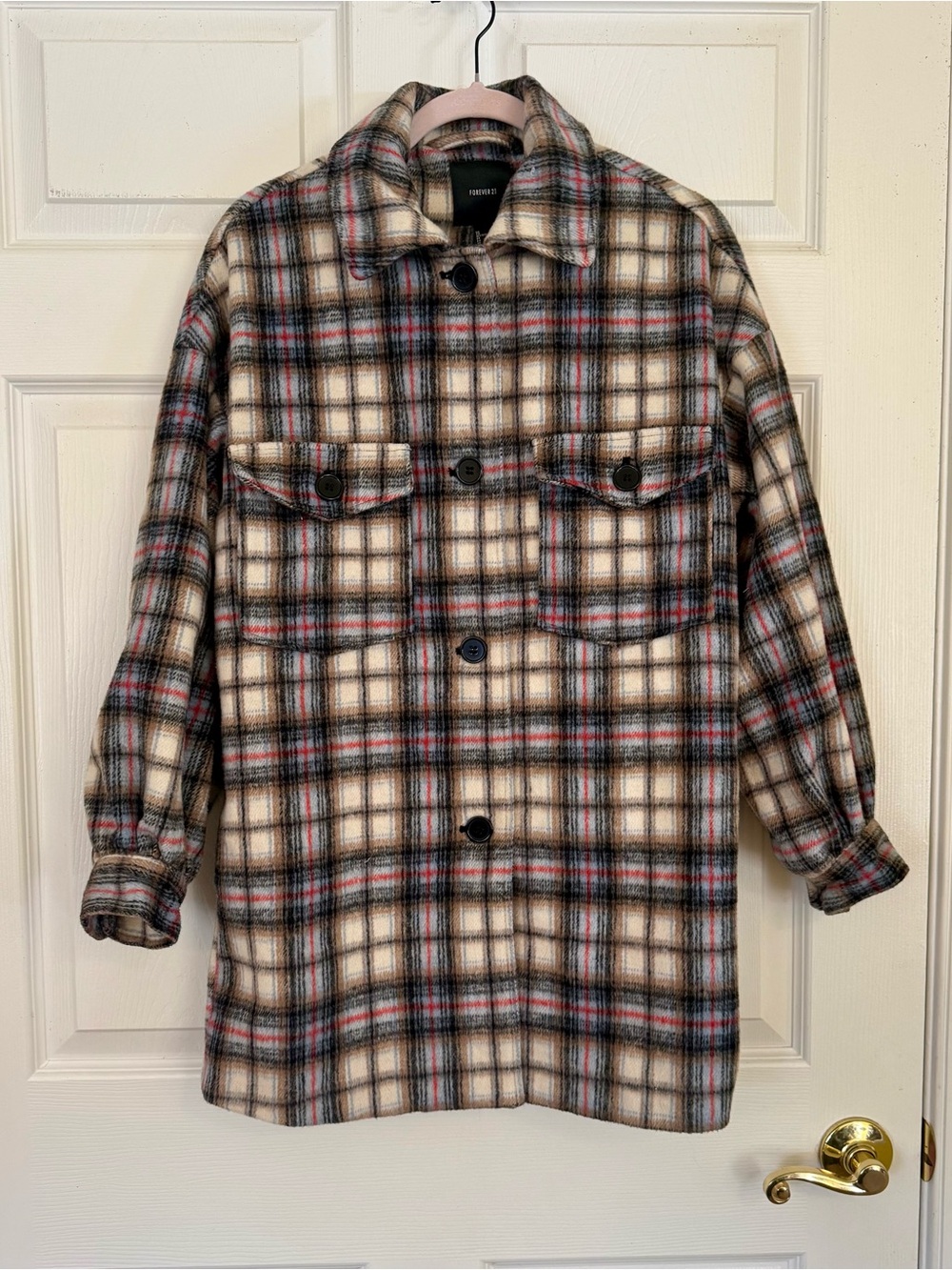 Forever 21 Plaid Wool Blend Button Down Shacket Jacket Cream Black Red Small S - Picture 2 of 9